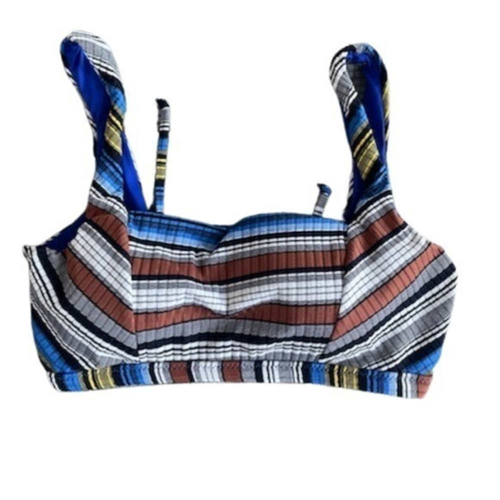 BECCA Bralette Blue Multi Color Stripes Size Large, D-Cup